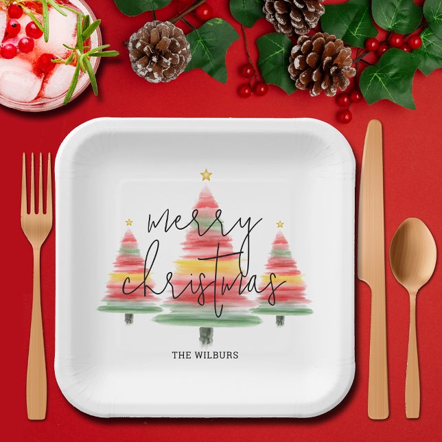 Watercolor Christmas Trees Square Paper Plates (Creator Uploaded)