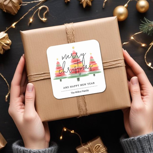 Watercolor Christmas Trees Square Sticker (Merry Christmas Watercolor Christmas Trees Square 3" Stickers)