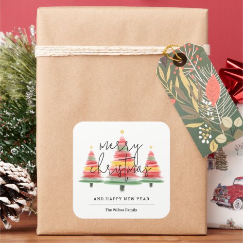 Watercolor Christmas Trees Square Sticker