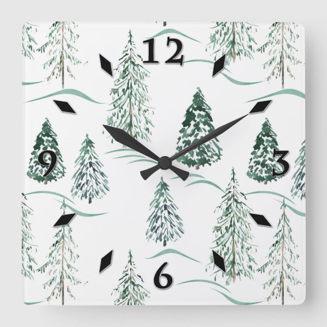 Watercolor Christmas trees. Winter forest. Square Wall Clock (Front)