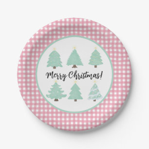 Watercolor Christmas Trees with Pink Plaid Paper Plates