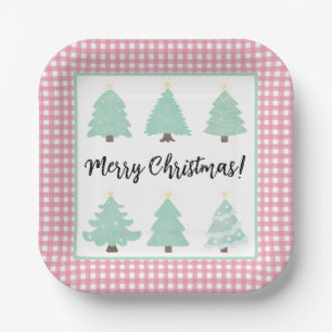 Watercolor Christmas Trees with Pink Plaid Square Paper Plates