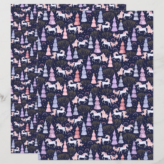 Watercolor Christmas Unicorn Scrapbook Paper (Front/Back)