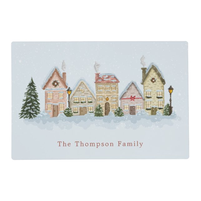 Watercolor Christmas Village And Custom Text Blue Placemat (Front)