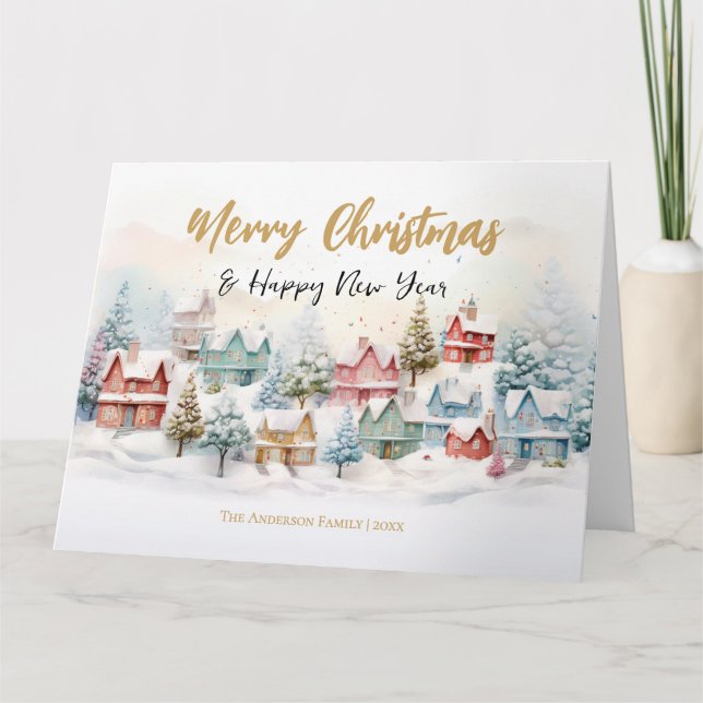 Watercolor Christmas Village Holiday Card (Front)