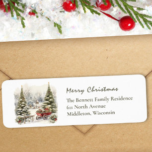 Watercolor Christmas Village Sleigh Scene Label