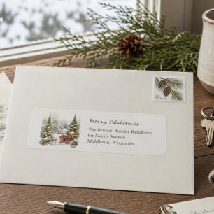 Watercolor Christmas Village Sleigh Scene Label