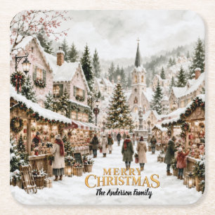 Watercolor Christmas Village Square Paper Coaster