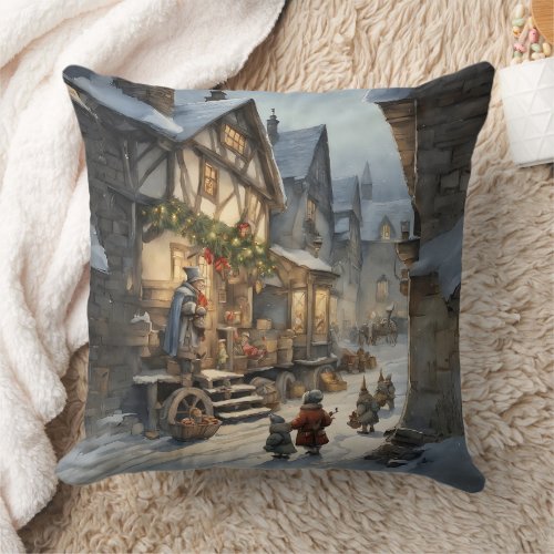 Watercolor Christmas Village  Throw Pillow