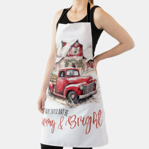 Watercolor Christmas Vintage Truck and Barn  Apron