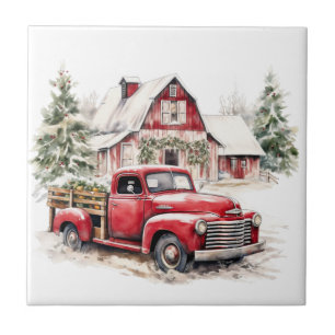 Watercolor Christmas Vintage Truck and Barn Ceramic Tile