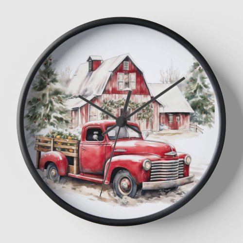 Watercolor Christmas Vintage Truck and Barn  Clock