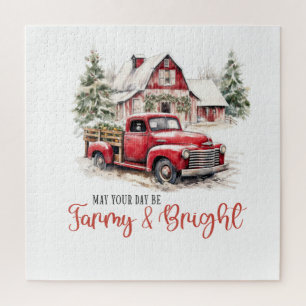 Watercolor Christmas Vintage Truck and Barn Jigsaw Puzzle