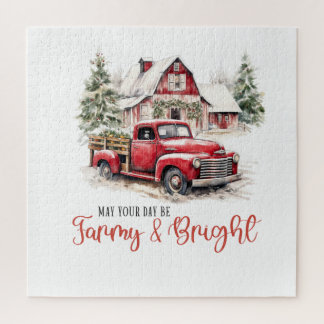 Watercolor Christmas Vintage Truck and Barn  Jigsaw Puzzle