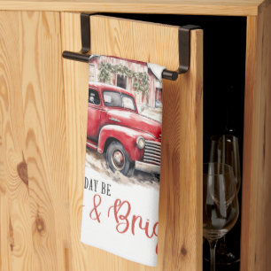 Watercolor Christmas Vintage Truck and Barn  Kitchen Towel