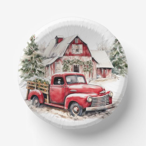 Watercolor Christmas Vintage Truck and Barn  Paper Bowls