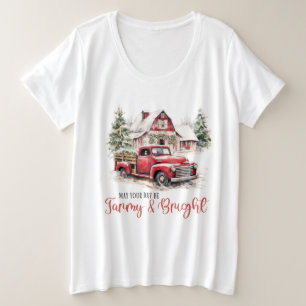 Watercolor Christmas Vintage Truck and Barn Plus Size T-Shirt