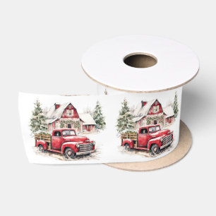 Watercolor Christmas Vintage Truck and Barn  Satin Ribbon