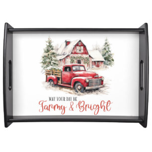 Watercolor Christmas Vintage Truck and Barn Serving Tray