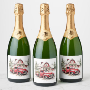 Watercolor Christmas Vintage Truck and Barn Sparkling Wine Label