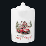 Watercolor Christmas Vintage Truck and Barn Teapot<br><div class="desc">Watercolor Christmas Vintage Truck and Barn teapot
Home & Living > Kitchen & Dining > Drinkware > Teapots</div>