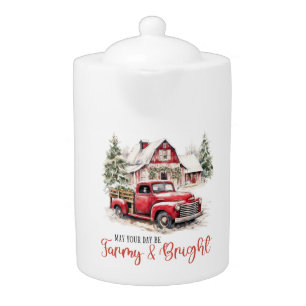 Watercolor Christmas Vintage Truck and Barn Teapot