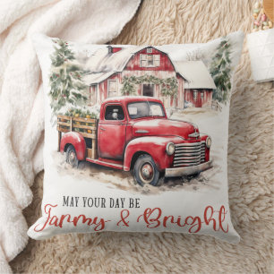 Watercolor Christmas Vintage Truck and Barn  Throw Pillow