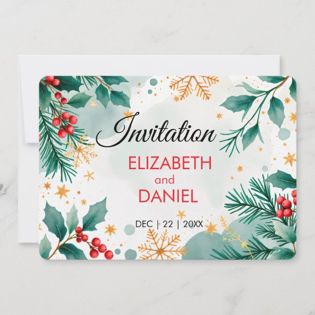 Watercolor Christmas Wedding Invitation with Holly (Front)