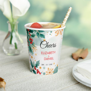 Watercolor Christmas Wedding with Holly Paper Cups
