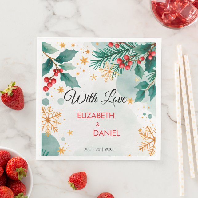 Watercolor Christmas Wedding with Holly Paper Dinner Napkins (Insitu)