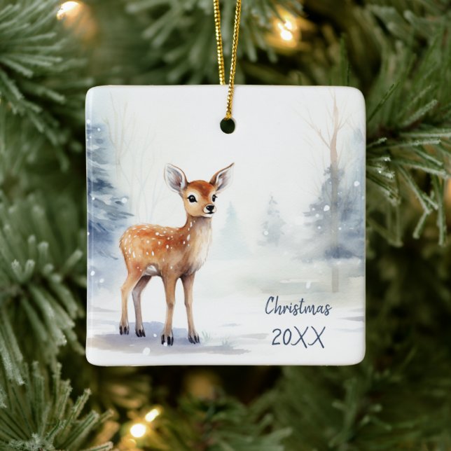 Watercolor Christmas Winter Fawn Ceramic Ornament (Tree)