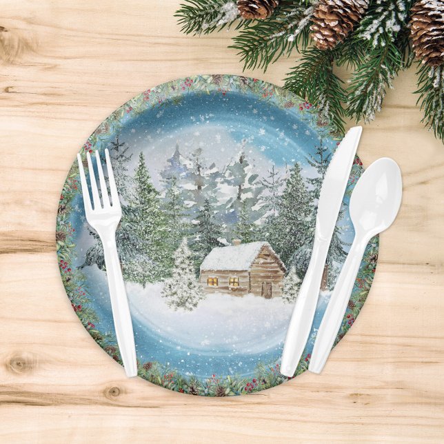 Watercolor Christmas Winter Snowy Cabin Paper Plates (Creator Uploaded)