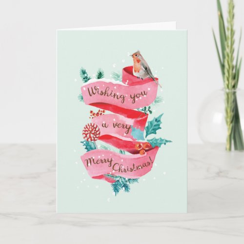 Watercolor Christmas With Bird Greeting Card