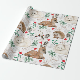 Watercolor Christmas Woodland Animals, Pinecones Wrapping Paper