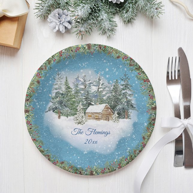 Watercolor Christmas Woodland Winter Personalized Paper Plates (Creator Uploaded)
