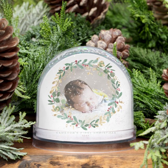 Watercolor Christmas Wreath Baby First Christmas Snow Globe (Winter)
