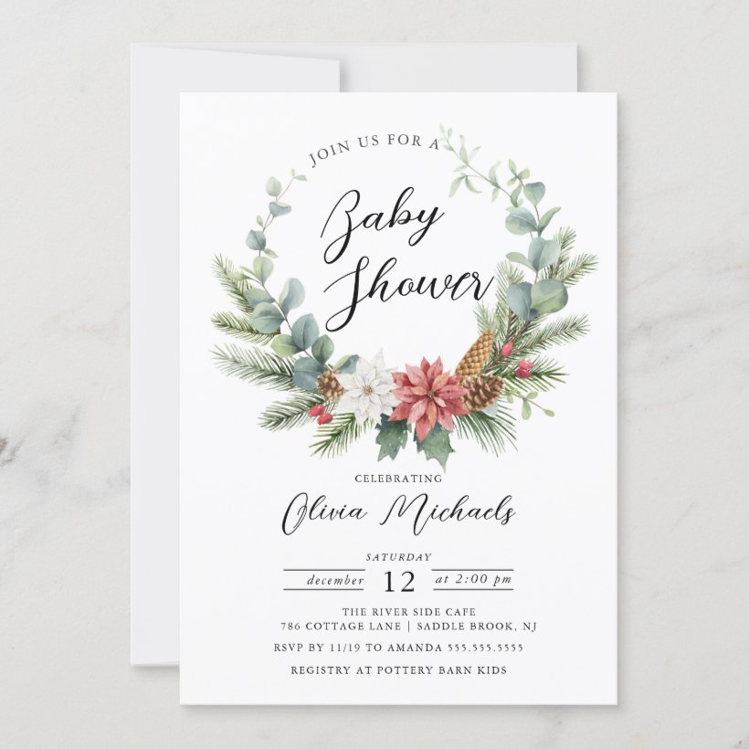 Watercolor Christmas Wreath Baby Shower Invitation