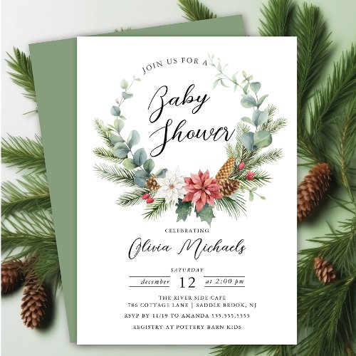 Watercolor Christmas Wreath Baby Shower Invitation