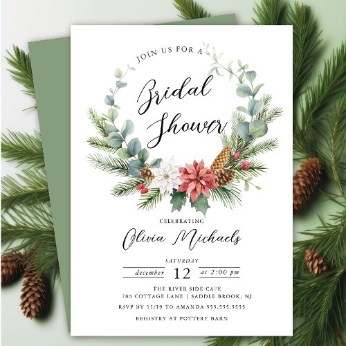 Watercolor Christmas Wreath Bridal Shower Invitation