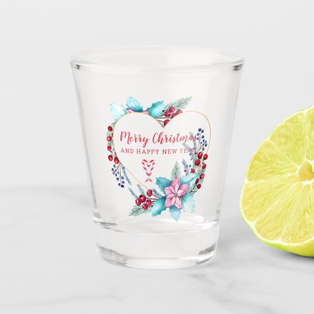 Watercolor Christmas Wreath & Candy Cane  Shot Glass (Front)
