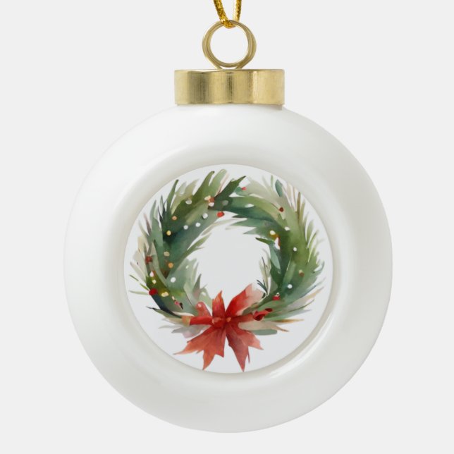 Watercolor Christmas Wreath  Ceramic Ball Christmas Ornament (Front)