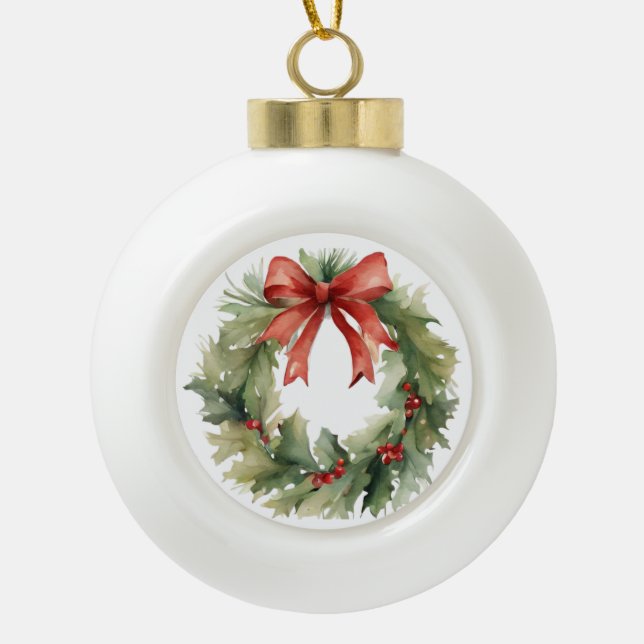 Watercolor Christmas Wreath  Ceramic Ball Christmas Ornament (Front)