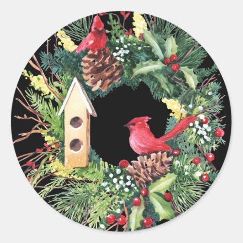 Watercolor Christmas Wreath Classic Round Sticker