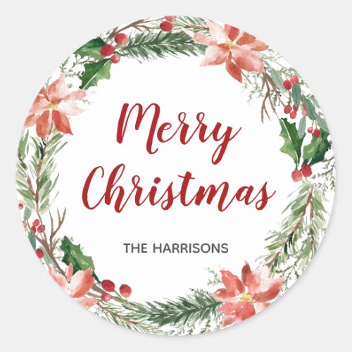 Watercolor Christmas Wreath Custom Holiday Classic Round Sticker