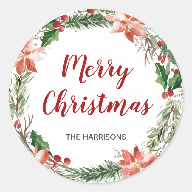 Watercolor Christmas Wreath Custom Holiday Classic Round Sticker (Front)