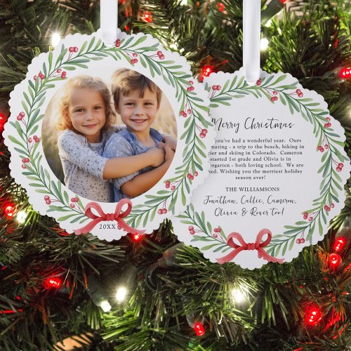 Watercolor Christmas Wreath Custom Photo Letter Ornament Card