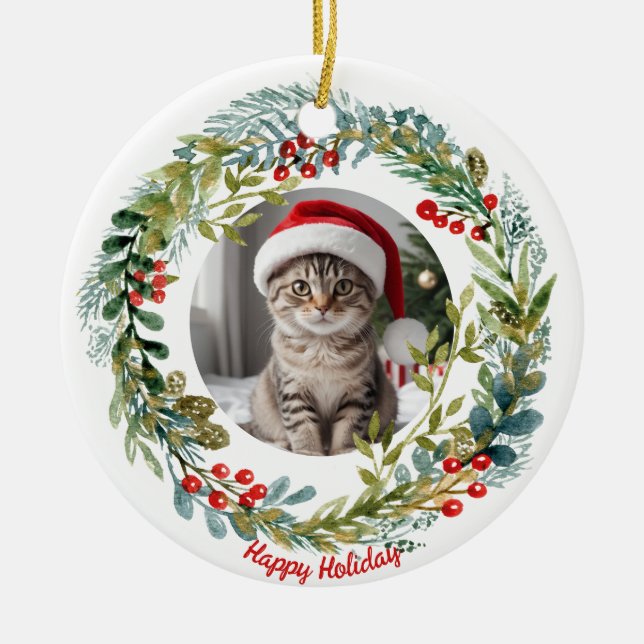 Watercolor Christmas Wreath Cute Kitty Ceramic Ornament (Front)