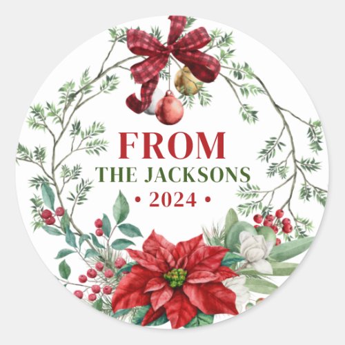 Watercolor Christmas Wreath Family Name Classic Round Sticker