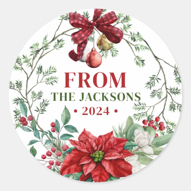 Watercolor Christmas Wreath Family Name Classic Round Sticker (Front)