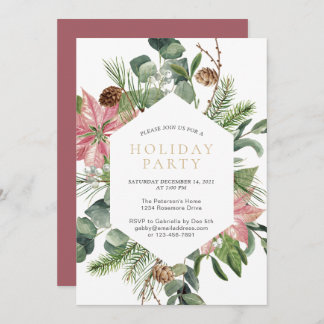 Watercolor Christmas Wreath Gold Holiday Party Invitation